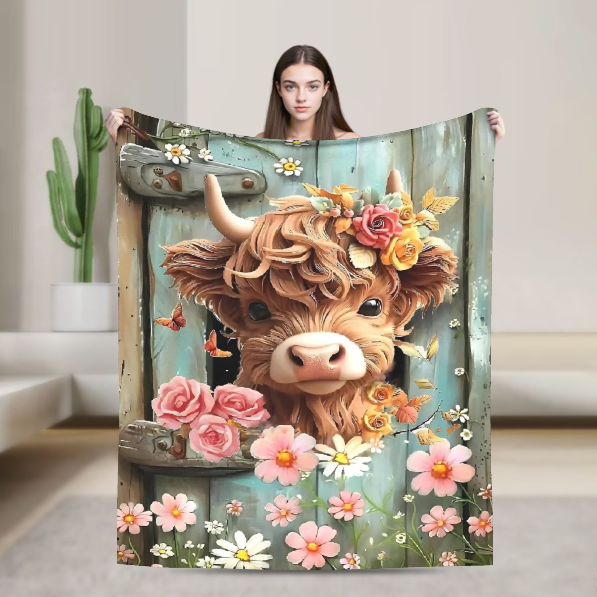 Highland Home Textiles - Highland Cow Boho Floral Blankets Samt-Textil-Dekor,